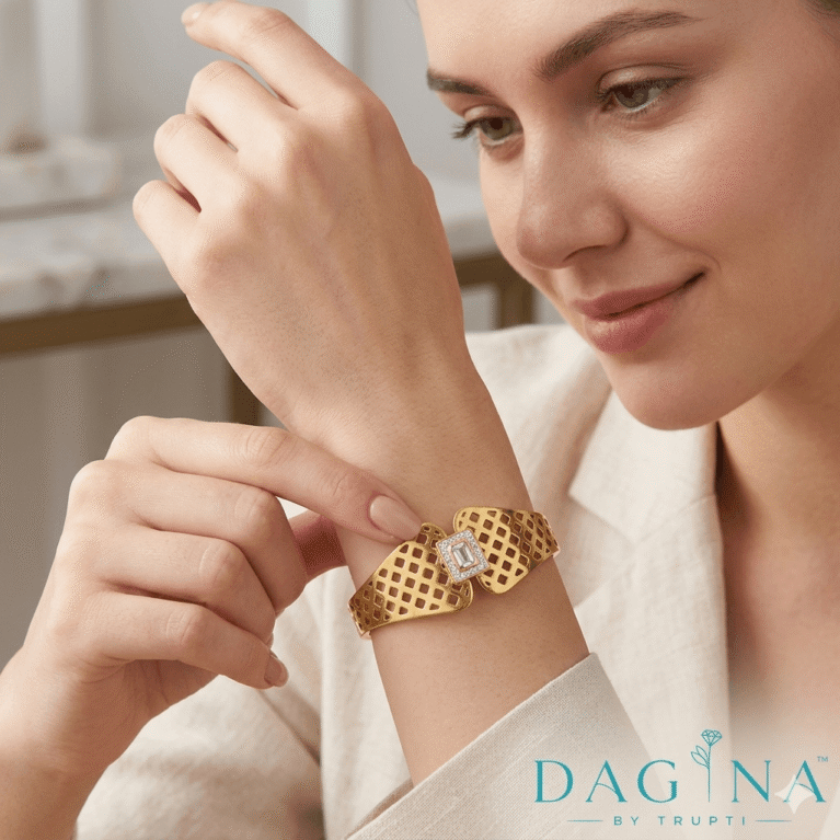 Gold-Plated Lattice Bangle with Crystal Centre Stone