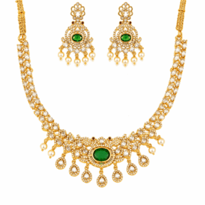 Emerald AD Stone Party Wear Necklace Set with Earrings