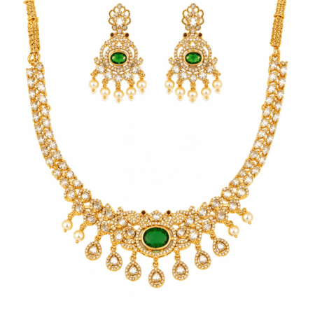 Emerald AD Stone Party Wear Necklace Set with Earrings