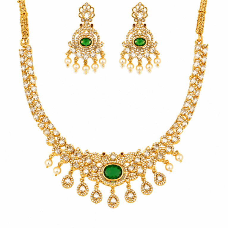 Emerald AD Stone Party Wear Necklace Set with Earrings