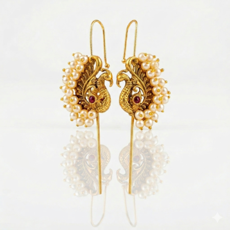 Gold Peacock Shape Pearl (Moti) AD Stone Earcuff Earrings