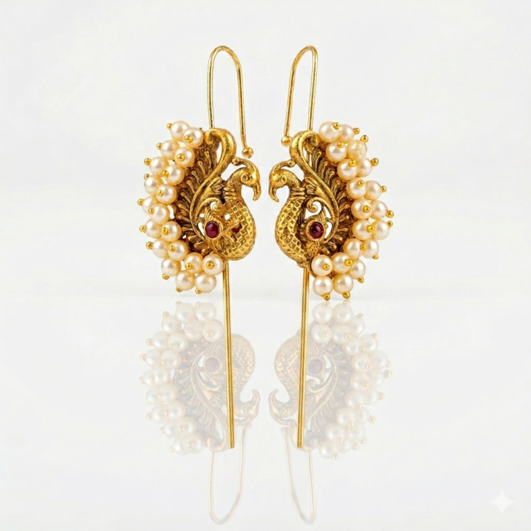 Gold Peacock Shape Pearl (Moti) AD Stone Earcuff Earrings