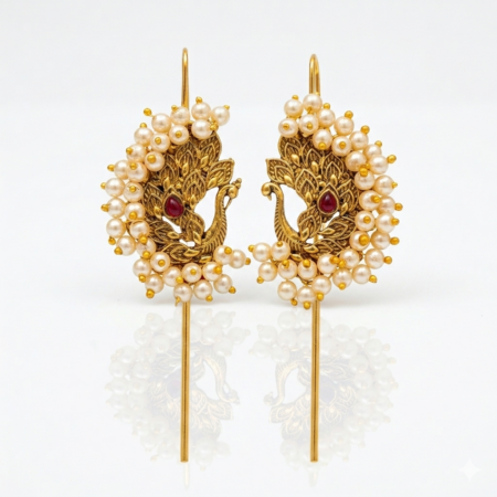 Peacock Shape Pearl (Moti) Earcuff Earrings with Red AD Stone