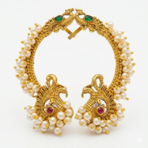 Peacock Shape Pearl (Moti) Round Earcuff Earrings with Red AD Stone