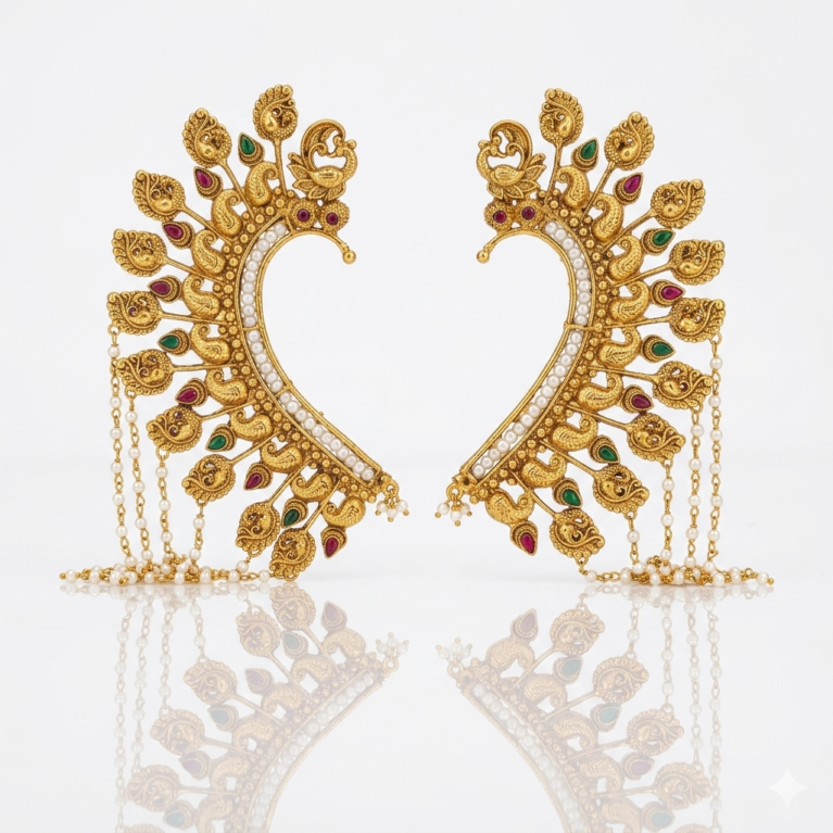 Peacock Back Earcuff with Pearl (Moti) Chains and AD Stones