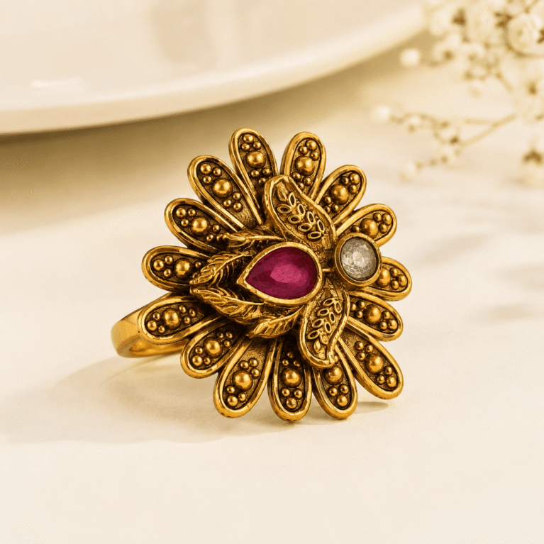 Royal Heritage Ruby Stone Antique Floral Ring