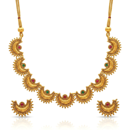 Antique Gold Plated Maharashtrian Chandra Har Choker Necklace Set with Earrings