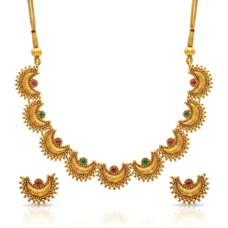 Antique Gold Plated Maharashtrian Chandra Har Choker Necklace Set with Earrings