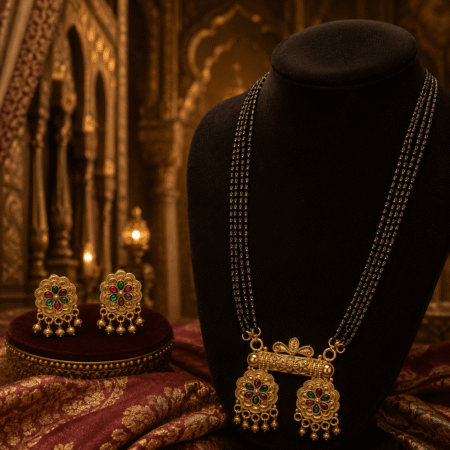 Traditional Maharashtrian Double Floral Pendant Black Bead Mangalsutra Set with Matching Earrings