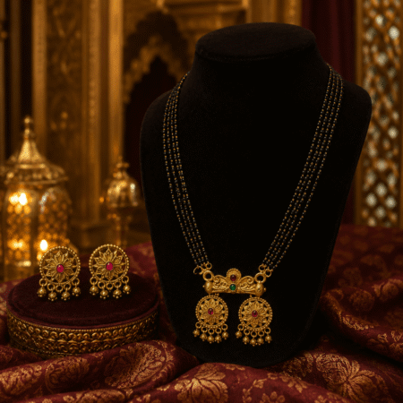 Traditional Maharashtrian Antique Gold Double Round Pendant Black Bead Mangalsutra Set with Matching Earrings