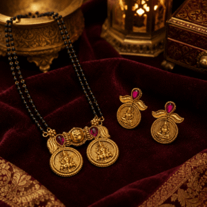 South Indian Style Short Mangalsutra Temple  Gold Finish with Lakshmi Coin Pendant & Earrings