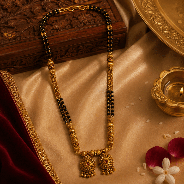 Traditional Maharashtrian Short Wati Mangalsutra Temple Gold Finish with Black Beads
