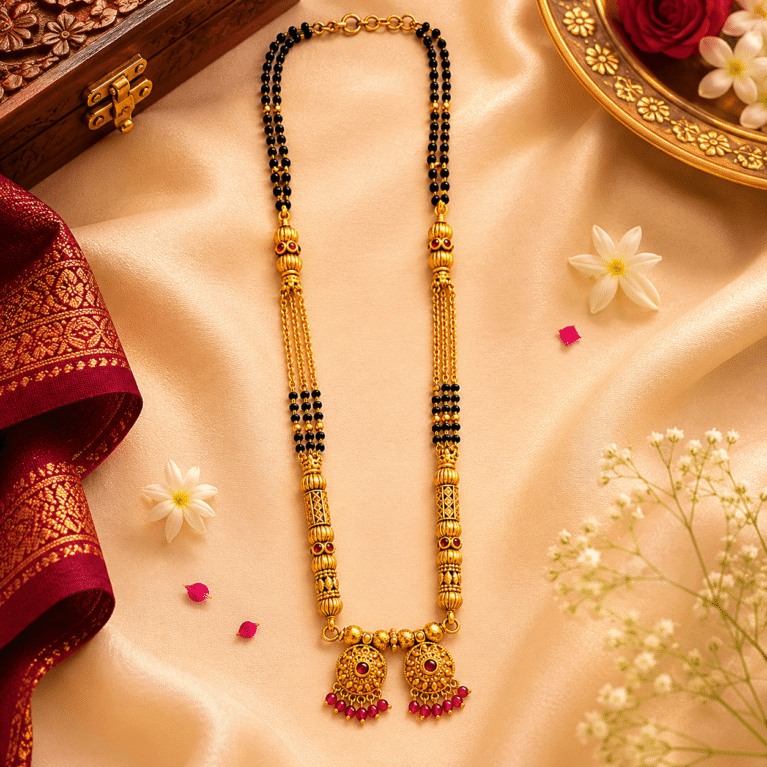 Traditional Maharashtrian Short Mangalsutra with Gold Finish Wati Pendant
