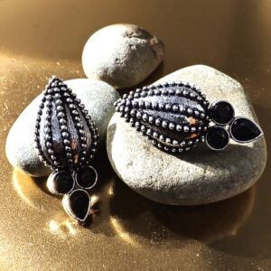 Oxidized Silver Teardrop Beaded Earrings with Black Stone Accent