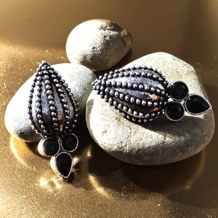 Oxidized Silver Teardrop Beaded Earrings with Black Stone Accent