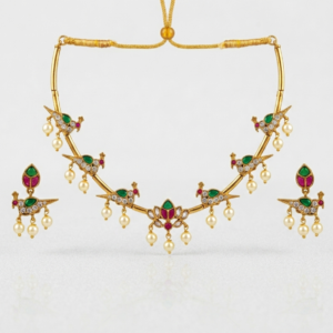 Traditional Gold Plated Pachi Kundan Peacock Hasli Choker Necklace Set with Pearl Drops