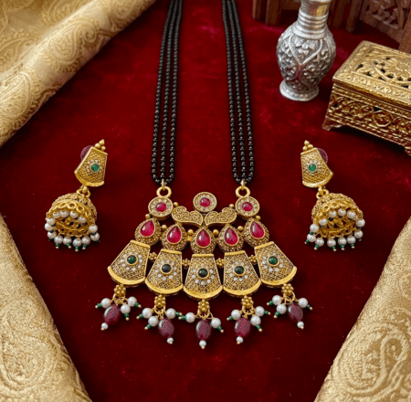 Traditional Rajwadi Antique Gold Long Mangalsutra Set with Jhumka Earrings