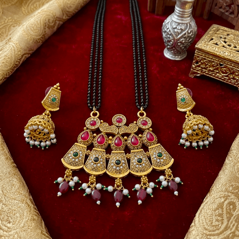 Traditional Rajwadi Antique Gold Long Mangalsutra Set with Jhumka Earrings