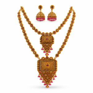 Traditional Gold Plated Rajwadi Bridal Long & Short Necklace Set with Jhumka Earrings
