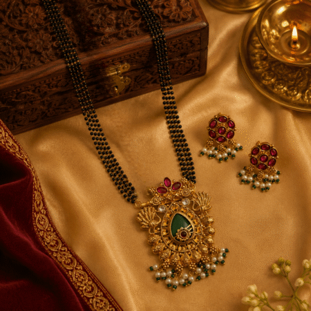 Traditional Rajwadi Gold Long Mangalsutra Set with Matching Earrings