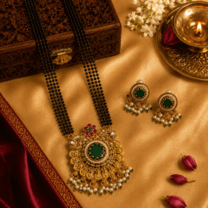 Traditional Rajwadi Gold Long Mangalsutra Set with Round Pendant & Earrings