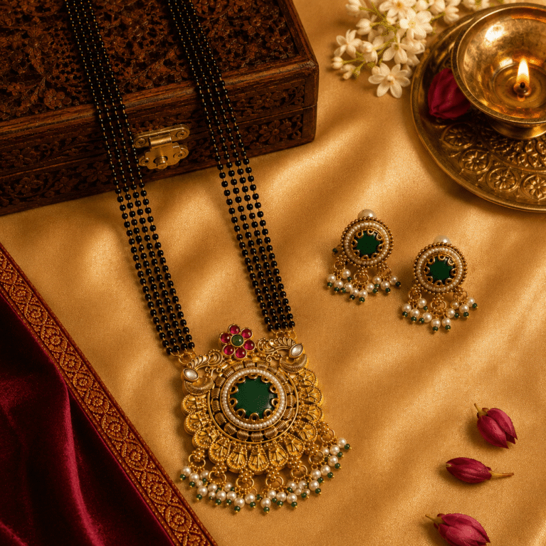 Traditional Rajwadi Gold Long Mangalsutra Set with Round Pendant & Earrings