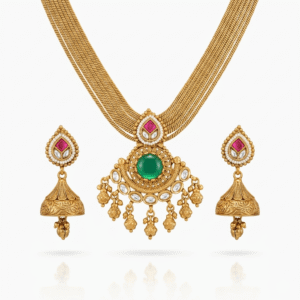 Antique Gold Plated Rajwadi Sea Green Short Necklace Set with Jhumka Earrings