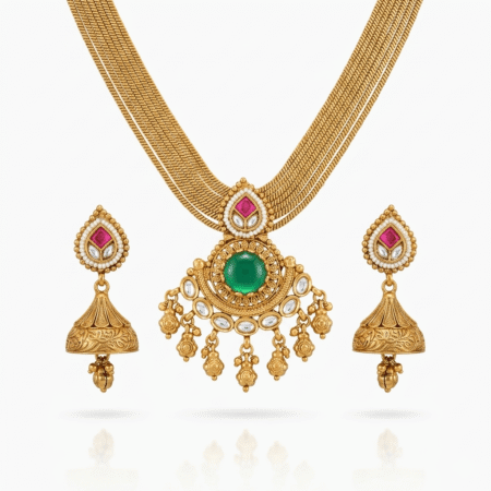 Antique Gold Plated Rajwadi Sea Green Short Necklace Set with Jhumka Earrings