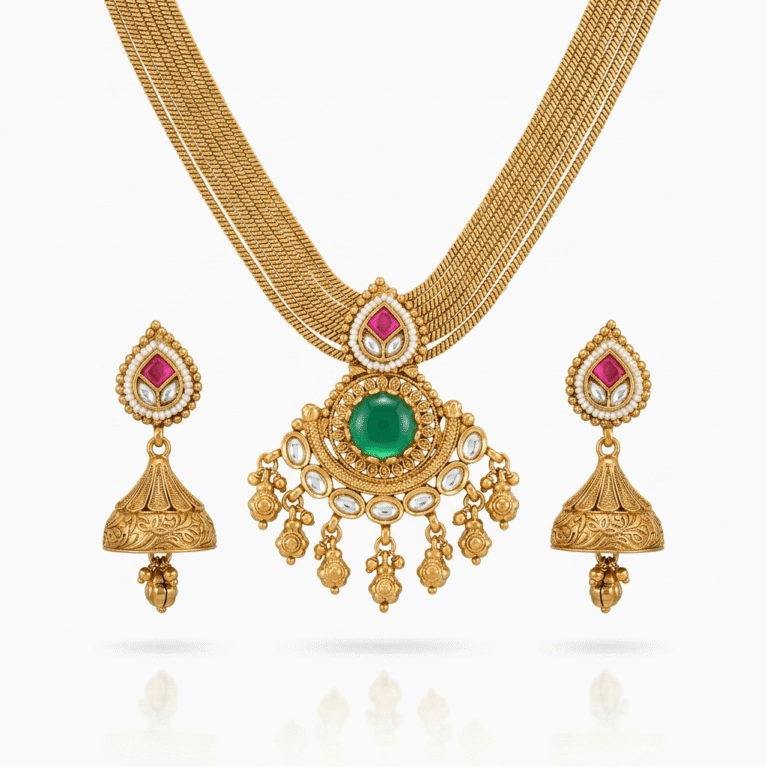 Antique Gold Plated Rajwadi Sea Green Short Necklace Set with Jhumka Earrings