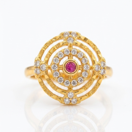 Maharashtrian Concentric Motif Forming Gold Ring with Ruby & American Diamonds