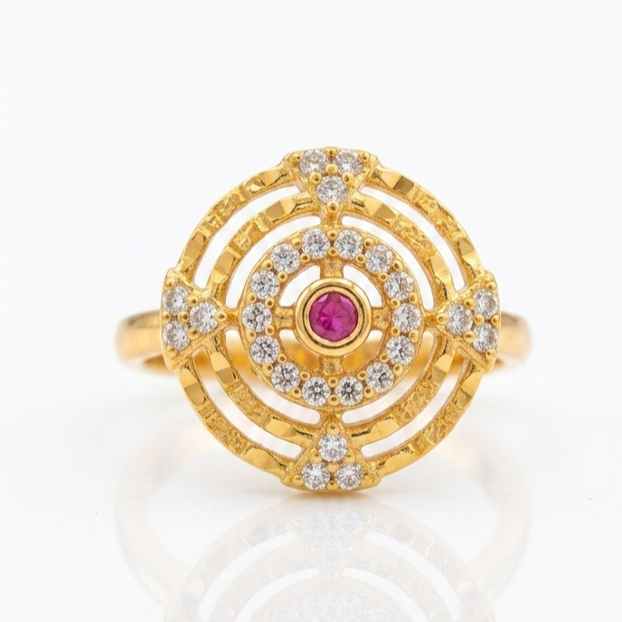 Maharashtrian Concentric Motif Forming Gold Ring with Ruby & American Diamonds