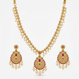 Traditional South Indian Temple Necklace Set with AD Stones, Ruby Green Accents, and Pearl Drops