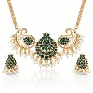 Traditional Gold Plated South Indian Green Kundan Temple Necklace Set with Pearl Drops