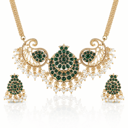 Traditional Gold Plated South Indian Green Kundan Temple Necklace Set with Pearl Drops