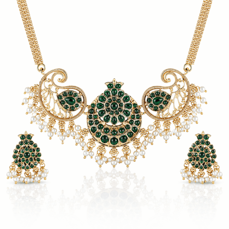 Traditional Gold Plated South Indian Green Kundan Temple Necklace Set with Pearl Drops