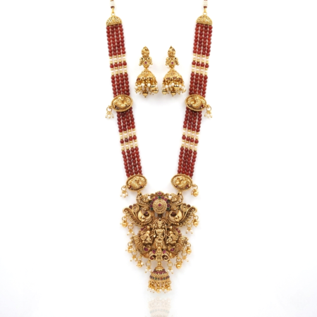 South Indian Temple Jewelry Haram Necklace Set with Red Crystal Beads and Laxmi Pendant