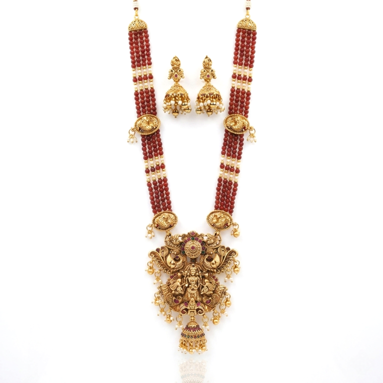 South Indian Temple Jewelry Haram Necklace Set with Red Crystal Beads and Laxmi Pendant