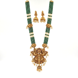 South Indian Temple Jewelry Haram Necklace Set with Green Crystal Beads and Laxmi Pendant