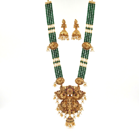 South Indian Temple Jewelry Haram Necklace Set with Green Crystal Beads and Laxmi Pendant