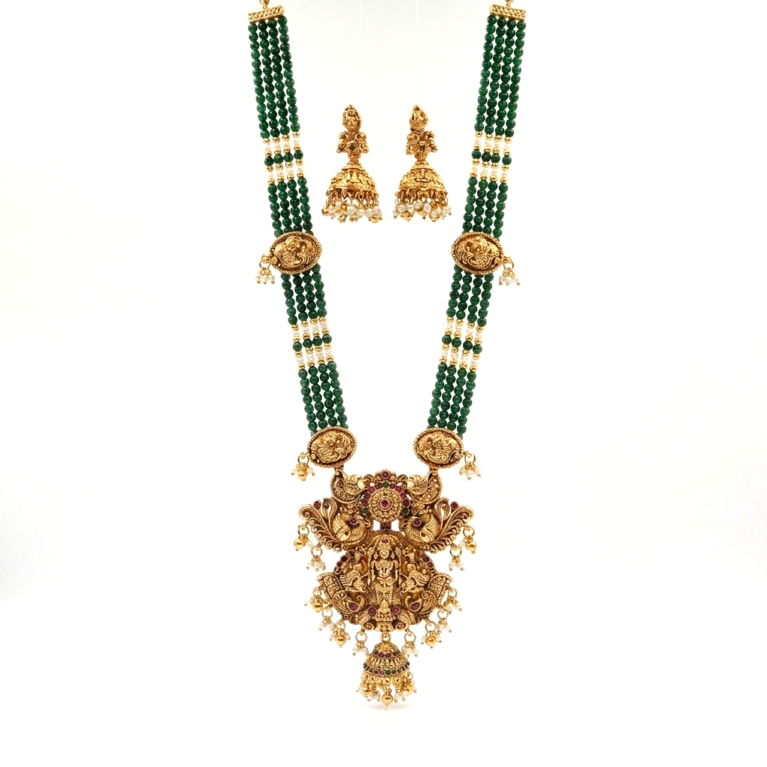 South Indian Temple Jewelry Haram Necklace Set with Green Crystal Beads and Laxmi Pendant