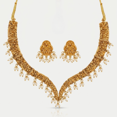 Matte Gold Plated South Indian Floral Temple Necklace Set with Pearl Drops