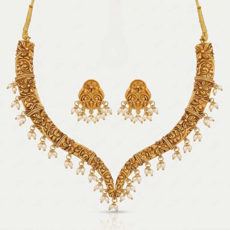 Matte Gold Plated South Indian Floral Temple Necklace Set with Pearl Drops