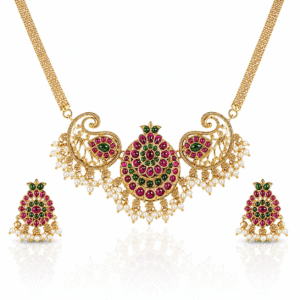 Traditional Gold Plated South Indian Pink & Green Kundan Temple Necklace Set with Pearl Drops