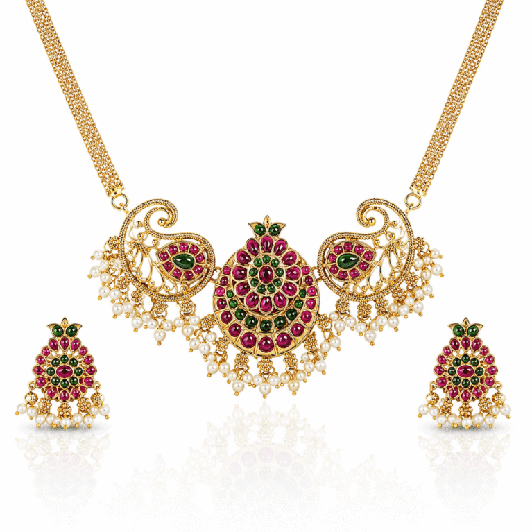 Traditional Gold Plated South Indian Pink & Green Kundan Temple Necklace Set with Pearl Drops