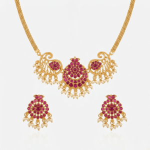 Traditional Gold Plated South Indian Pink Kundan Temple Necklace Set with Pearl Drops