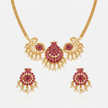 Traditional Gold Plated South Indian Pink Kundan Temple Necklace Set with Pearl Drops