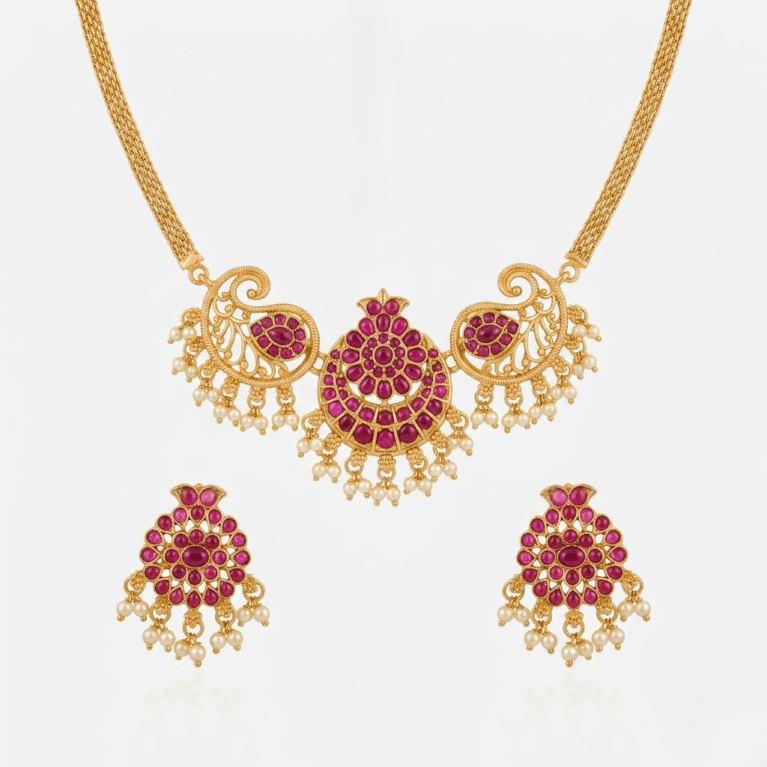 Traditional Gold Plated South Indian Pink Kundan Temple Necklace Set with Pearl Drops