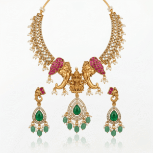 Matte Gold Plated South Indian Vantara Temple Elephant Motif Necklace Set with Earrings