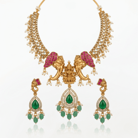 Matte Gold Plated South Indian Vantara Temple Elephant Motif Necklace Set with Earrings