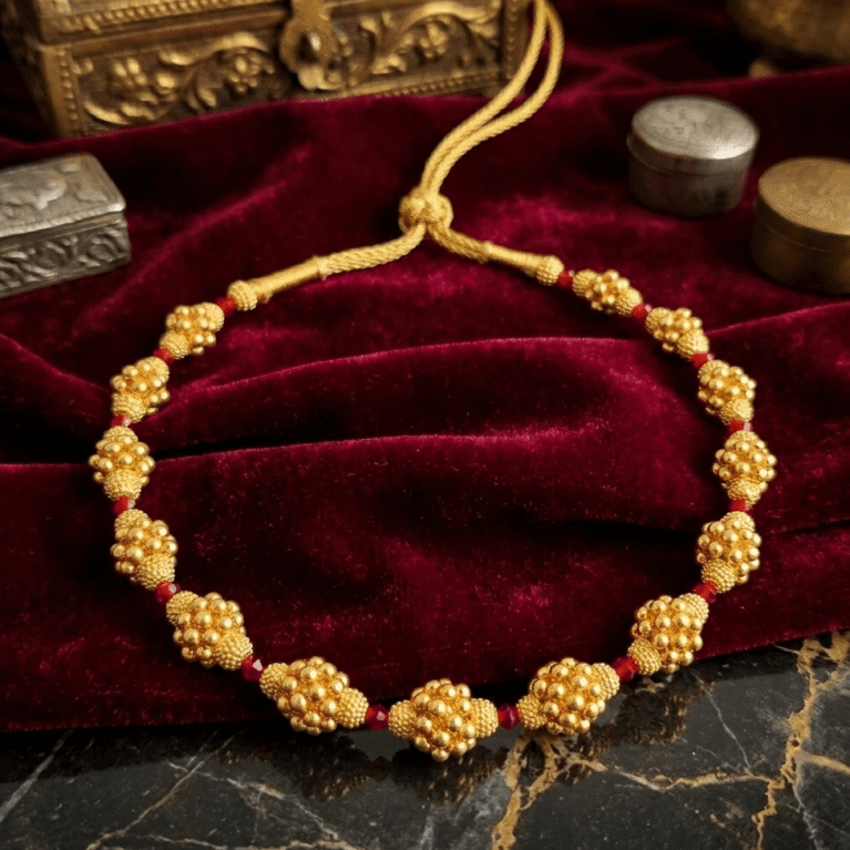 Kolhapuri Thushi Necklace in Gold Finish with Red Beads